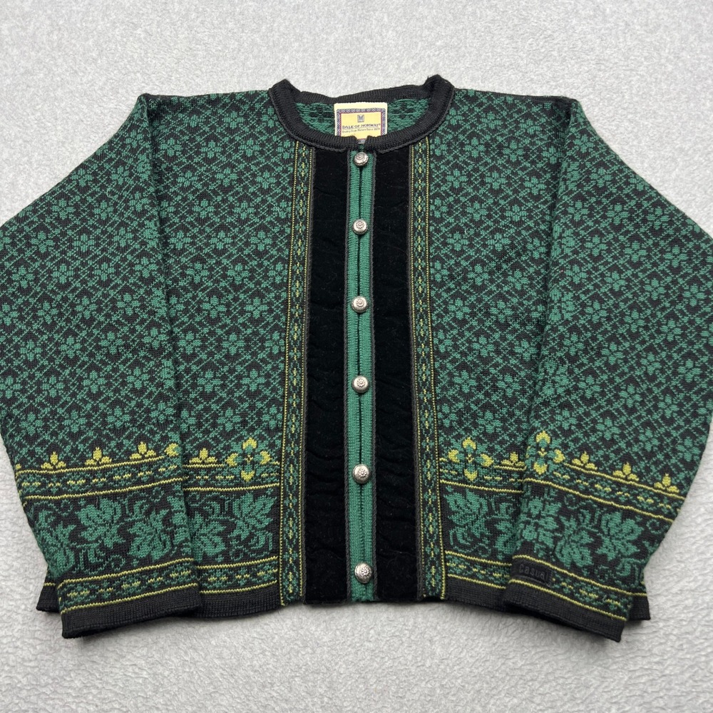 Dale of Norway Cardigan Womens Large Green Nordic Wool Velvet Pewter Button Knit